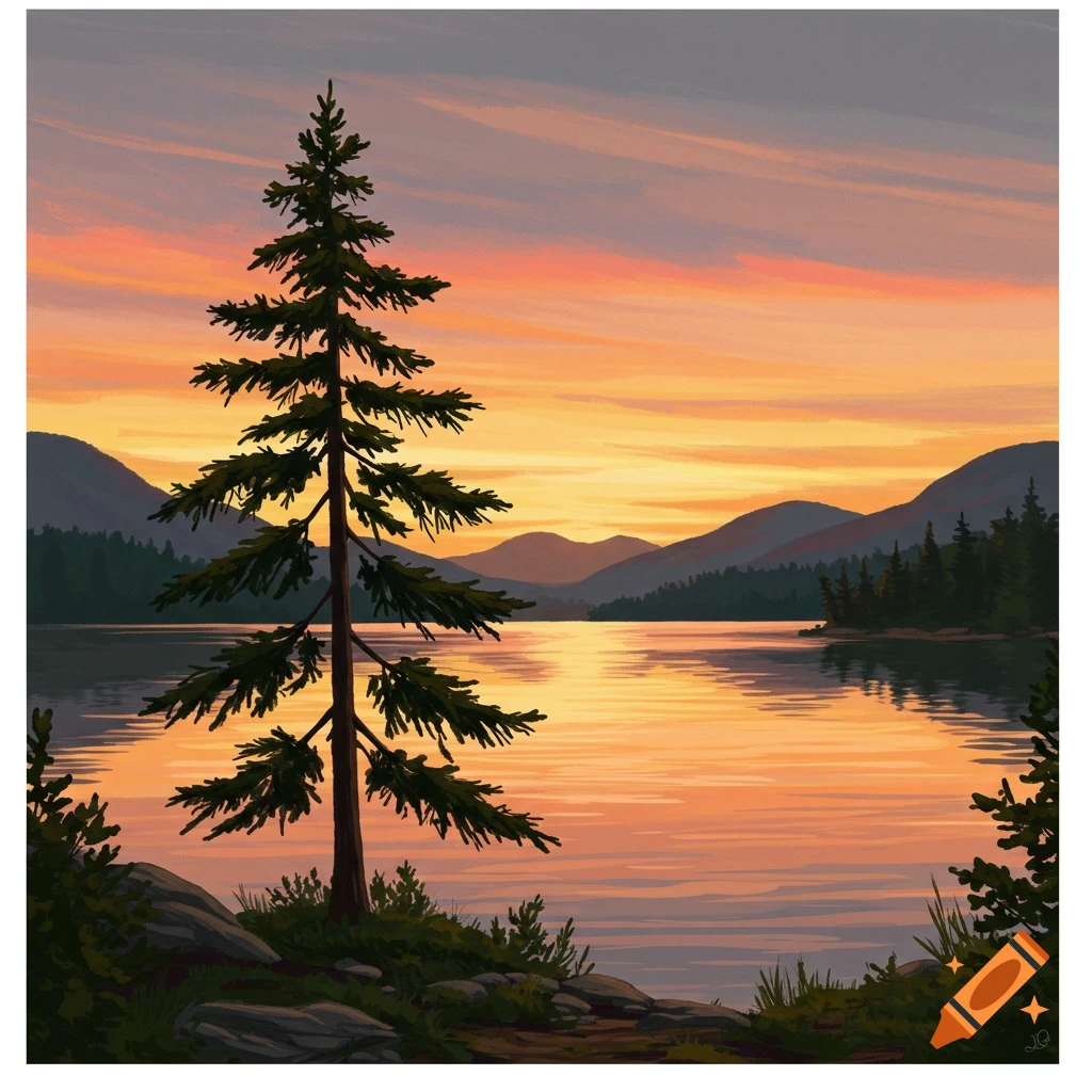 A lake with a tree, mountains, and sunset