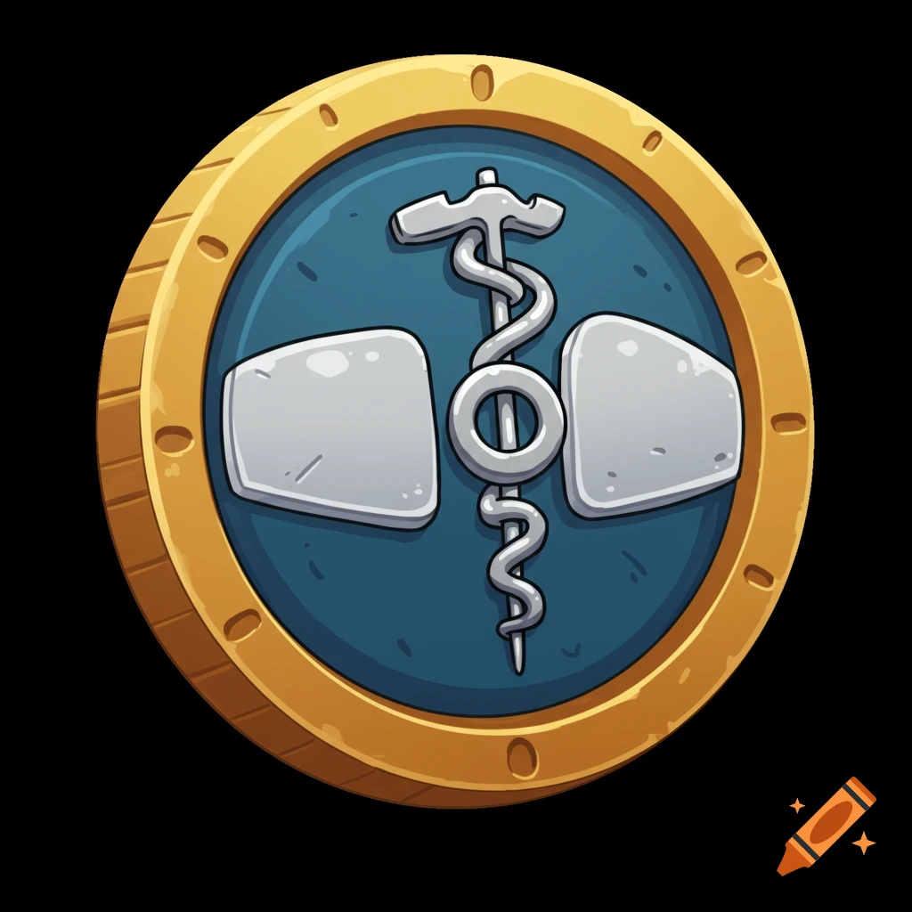 Cartoon video game icon of a gold coin with a medical symbol in the center.
