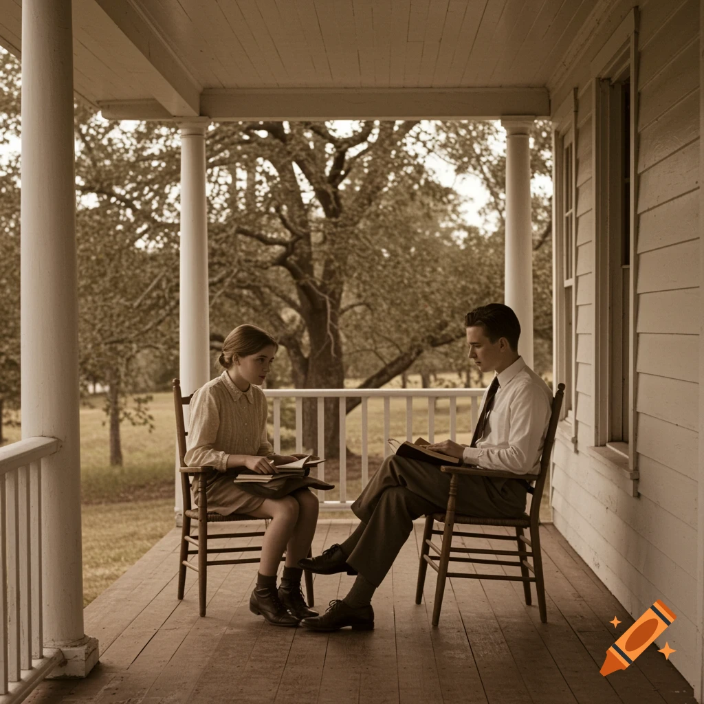 Sepia photo of two people reading on a porch