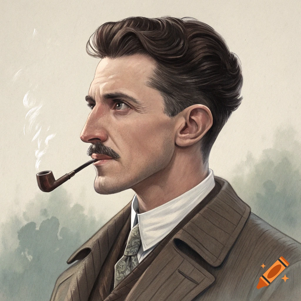 Portrait illustration of a man with a mustache smoking a pipe.