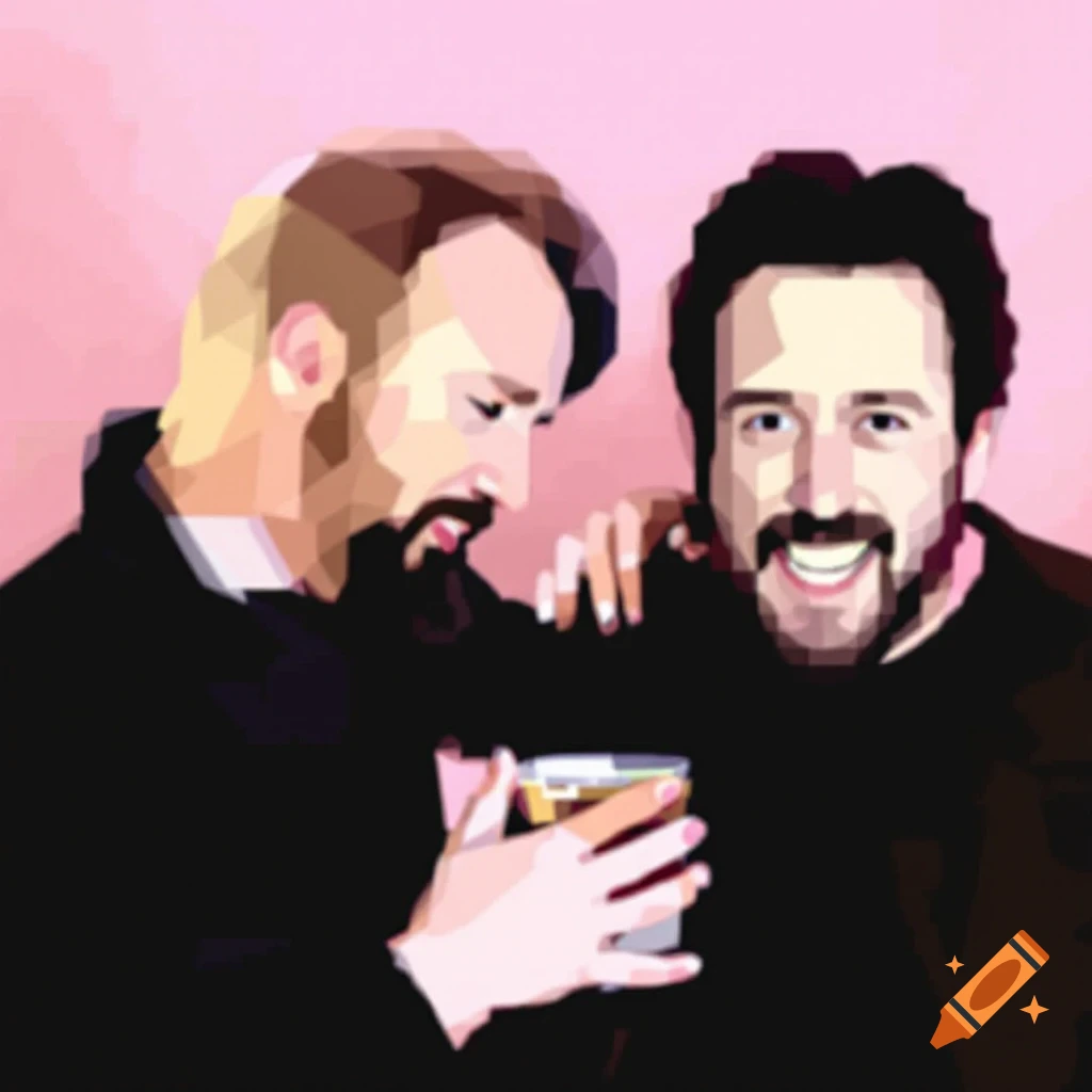 Geometric art portrait of two men, possibly George Carlin and Bill Hicks, one holding a drink, on a pink background.
