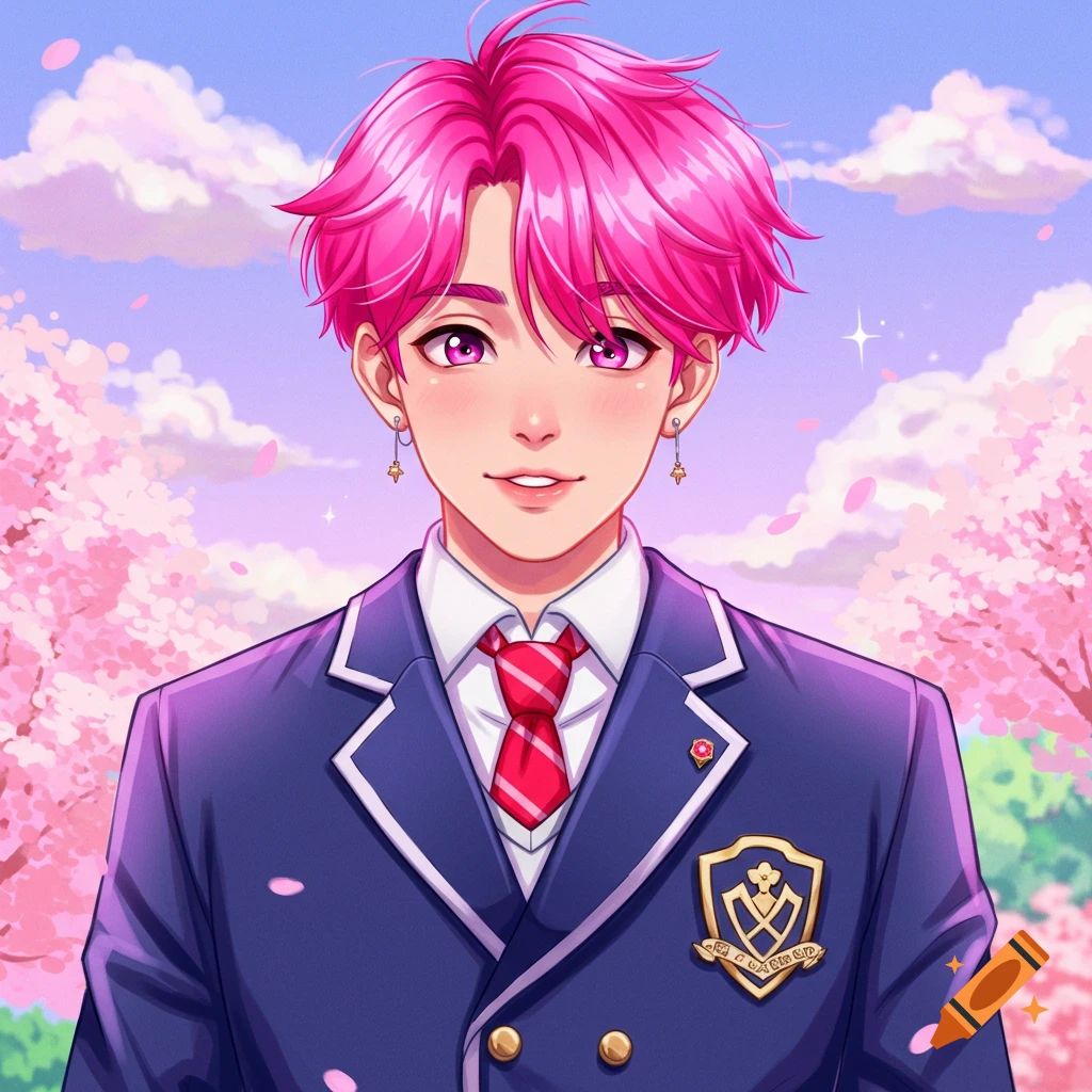 Anime portrait of young man with pink hair in school uniform, cherry blossom background.