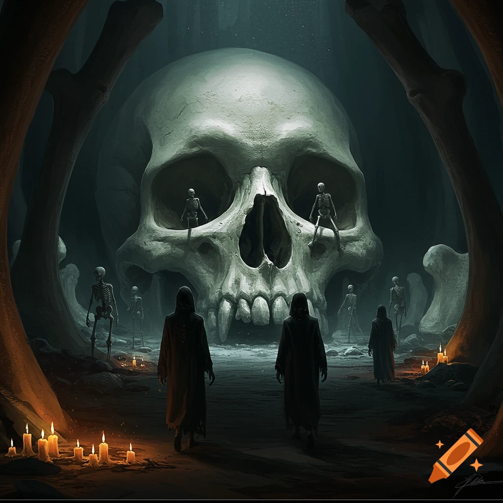 Image of a skull-shaped cave with hooded figures and skeletons inside, lit by candles.