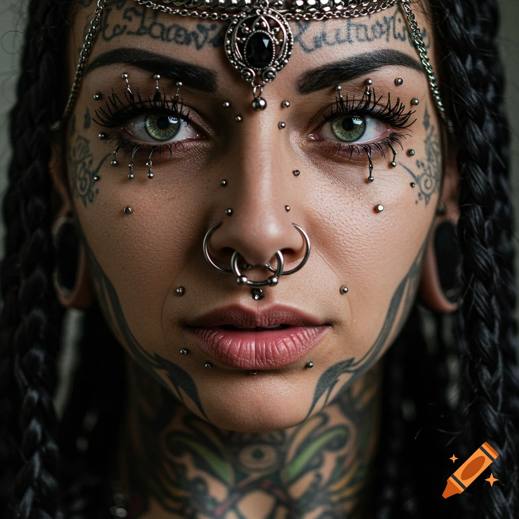 Close-up portrait of a woman with numerous facial piercings, stretched septum and ears, and intricate face and neck tattoos.
