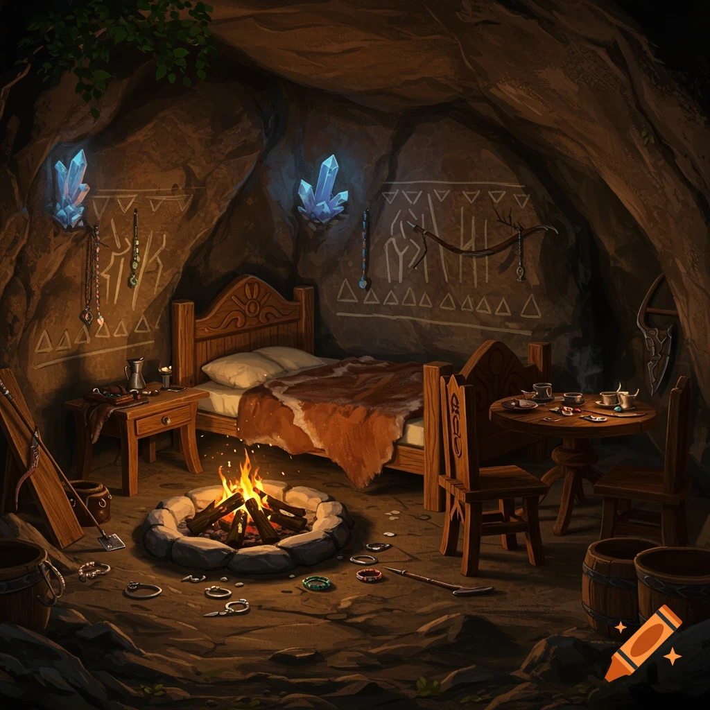 A cozy fantasy cave dwelling with a bed, table, chairs, campfire, jewelry, and tools.
