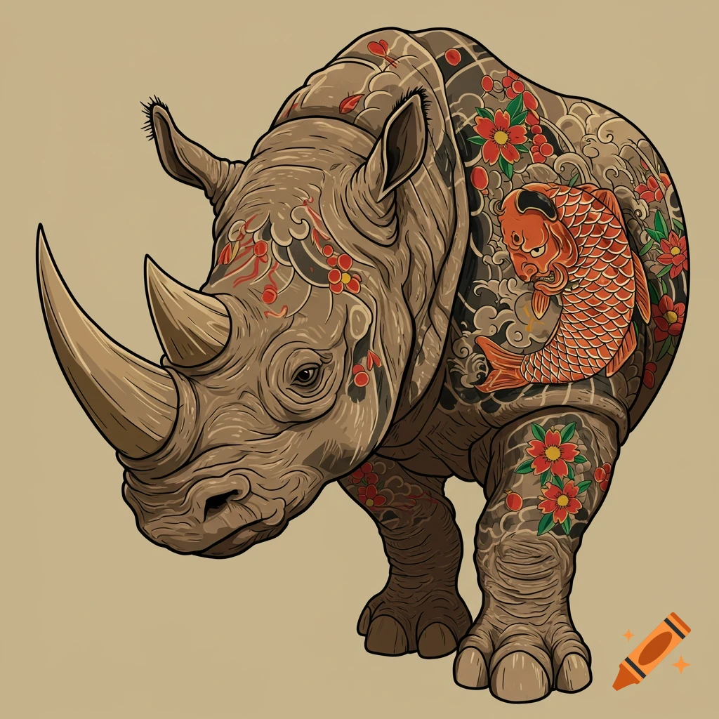 A rhino covered in Japanese style tattoos, including flowers and a koi fish.