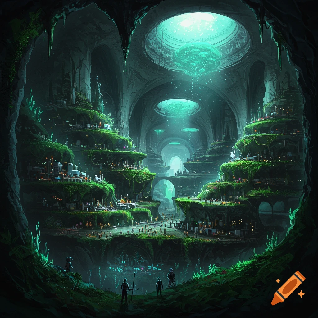 A sprawling, tiered underground city built inside a vast cavern, illuminated by glowing orbs and bioluminescent flora, with tiny figures exploring.