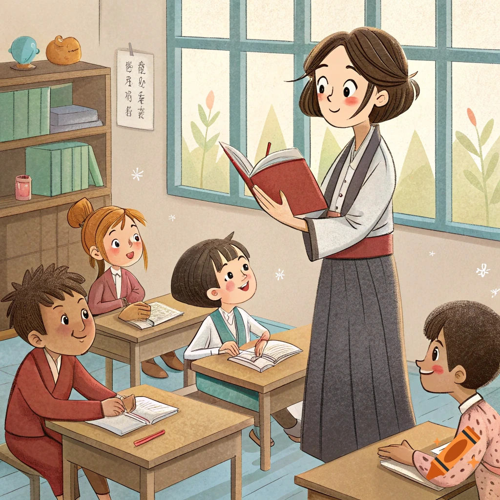 Illustration of a teacher reading a book to four children in a classroom.