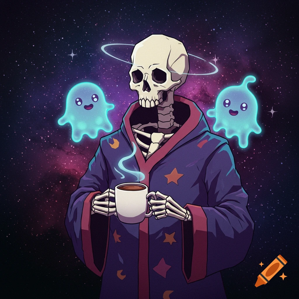 A skeleton in a wizard robe holding a coffee mug, with two floating ghosts, against a space background.