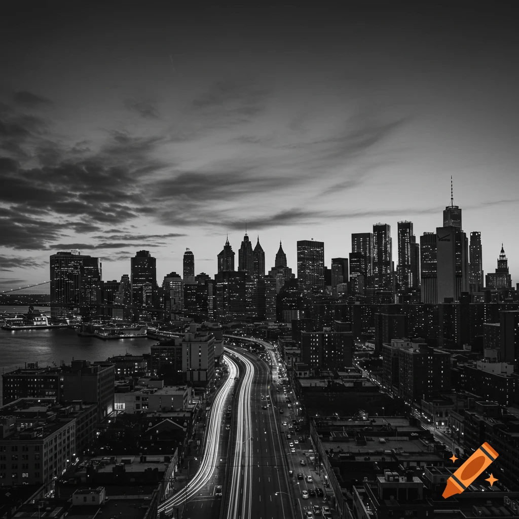 Black and white photorealistic image of a city skyline at dusk with light trails on a highway.