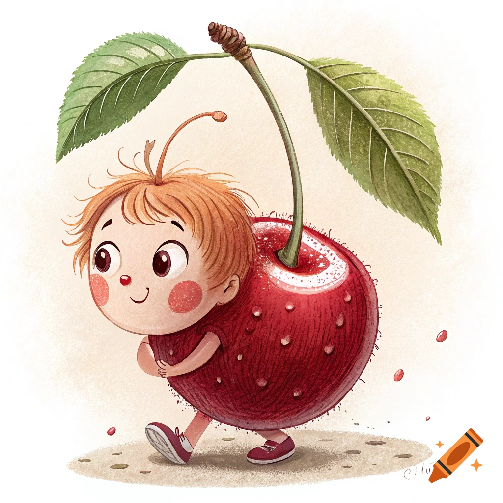 Cartoon character with a cherry body and child's head and limbs walks. Illustration.