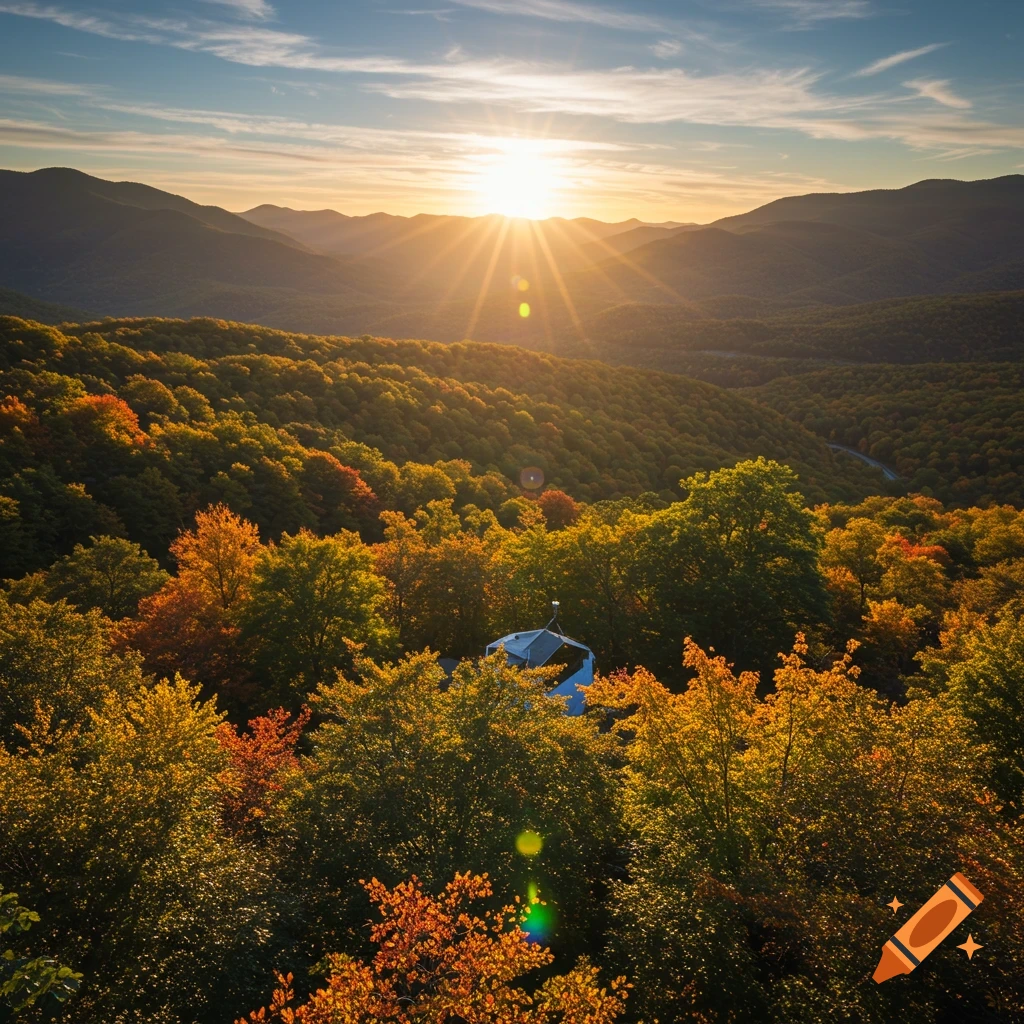 Sunset over autumn mountains and forest with a small building