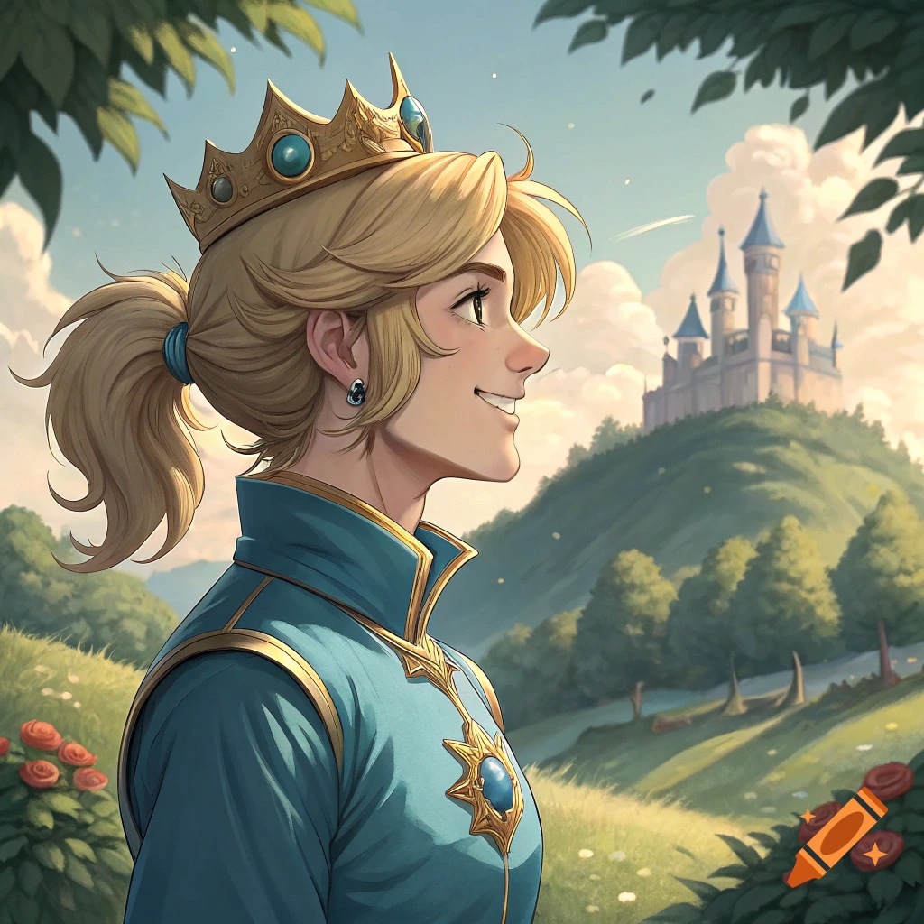 Illustrative image of a young man wearing a crown and blue outfit, looking towards a castle on a hill.