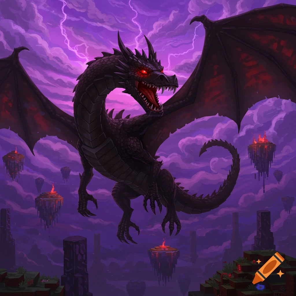 Large black dragon with red eyes flying above blocky floating islands in a purple stormy sky.
