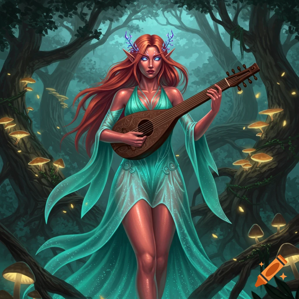 A red-haired elven woman with glowing eyes plays a lute in a magical forest illuminated by glowing mushrooms.