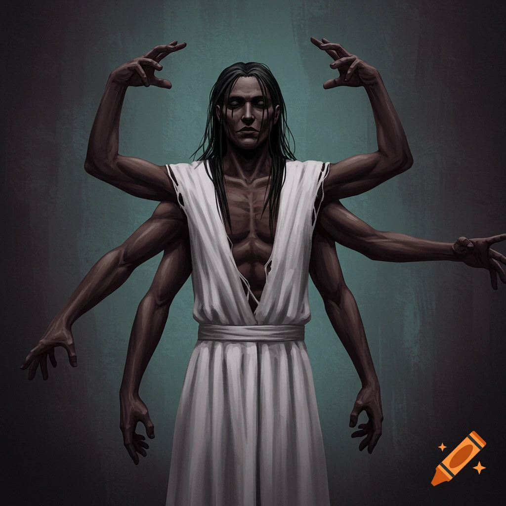 A figure with multiple arms, black hair, and blacked out eyes, wearing a ripped white robe against a dark background.