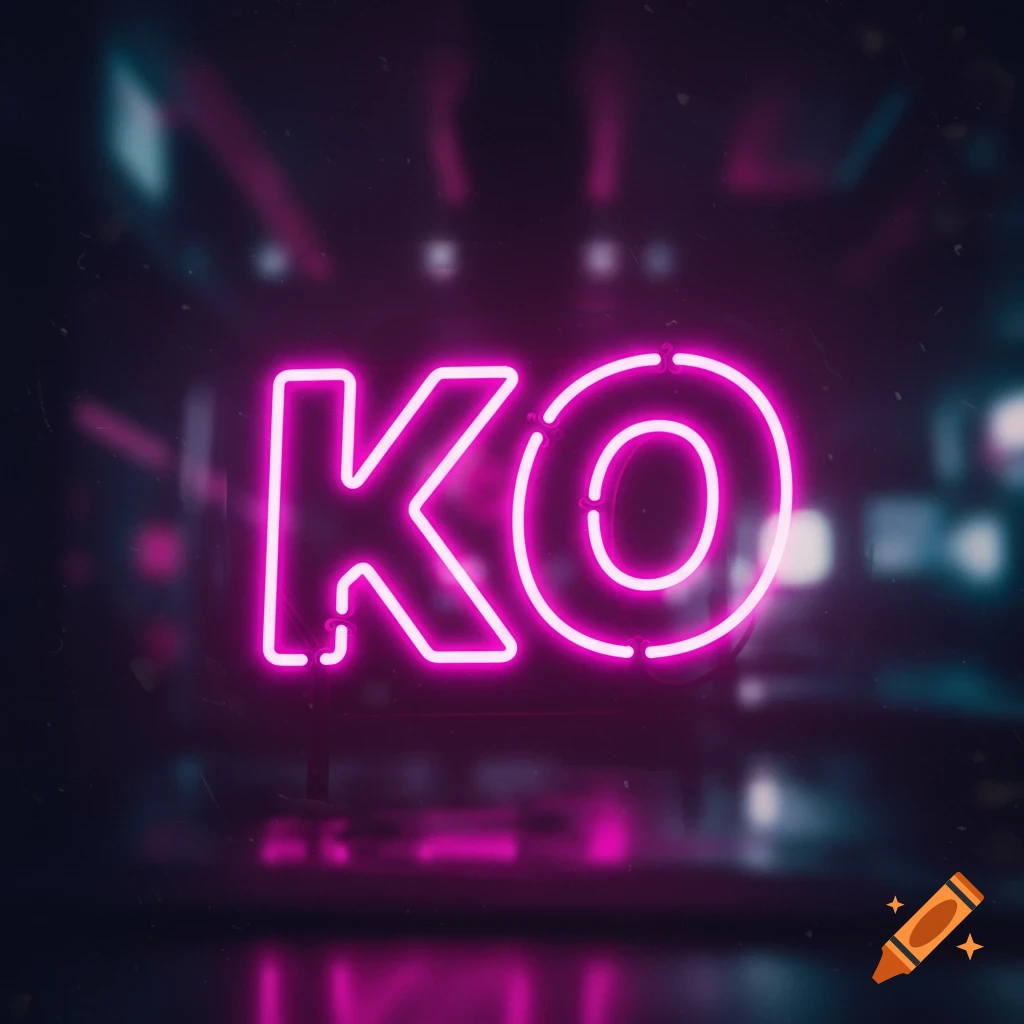 Pink neon sign displaying the letters KO against a dark, blurred background.