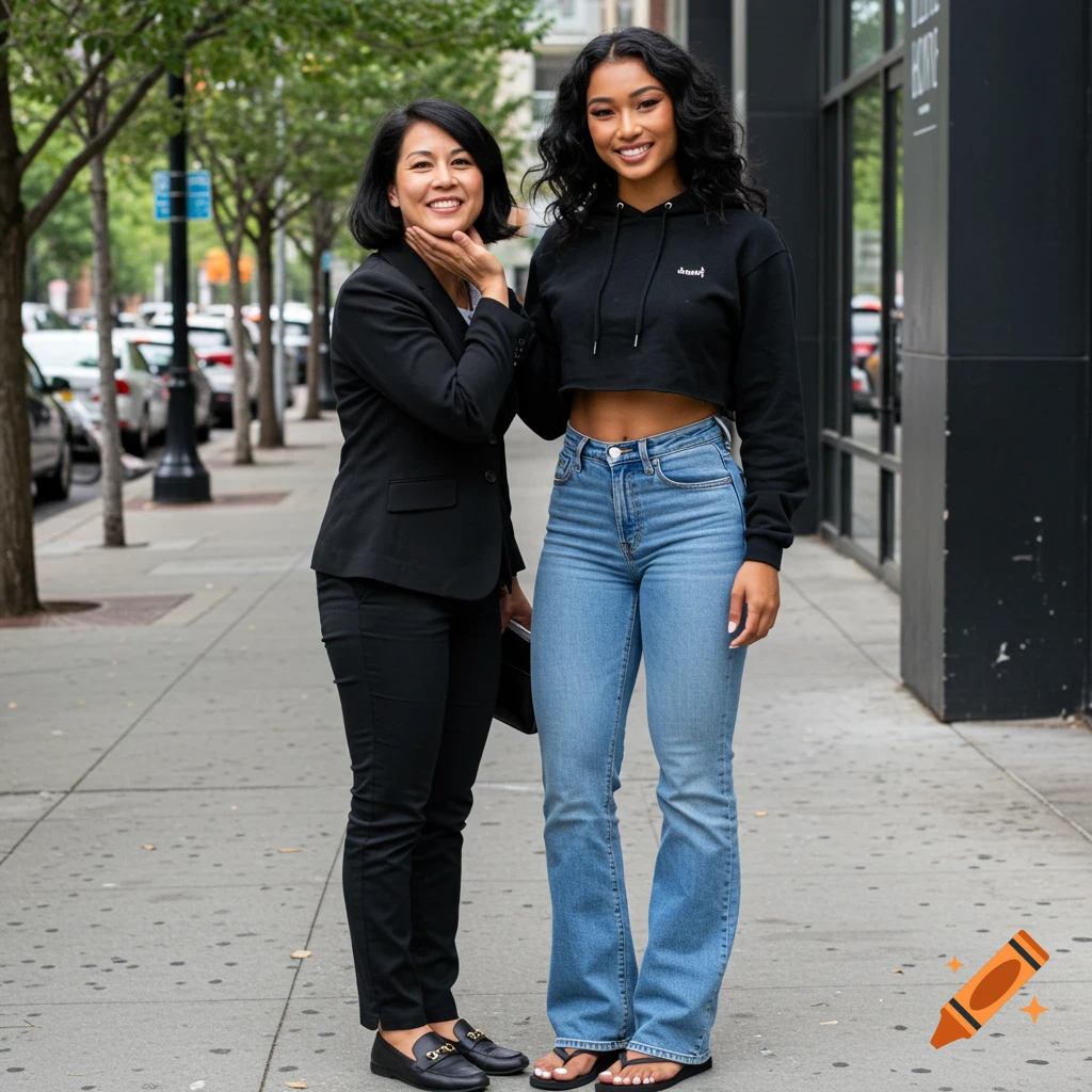 Two women stand on a sidewalk. One wears a cropped hoodie and jeans, the other a black suit.