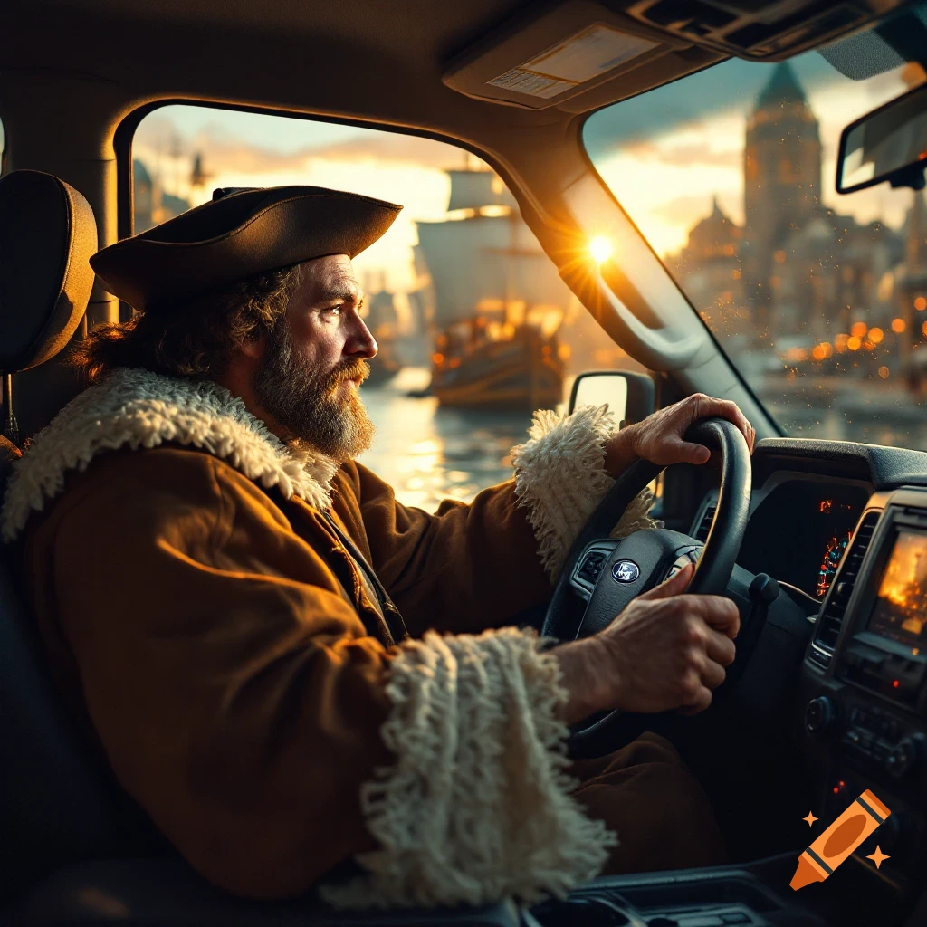 Man in historical costume drives a truck looking at sailing ships at sunset.