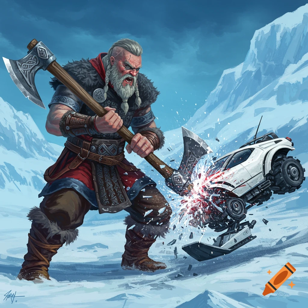 A Viking smashing a white snow vehicle with a double axe in a snowy mountain landscape.