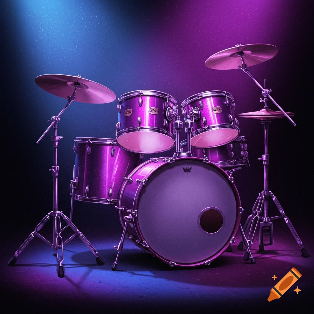 A purple drum set sits on a stage under vibrant blue and pink lighting.