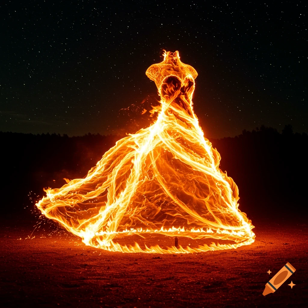 A dress made entirely of fire against a starry night sky.