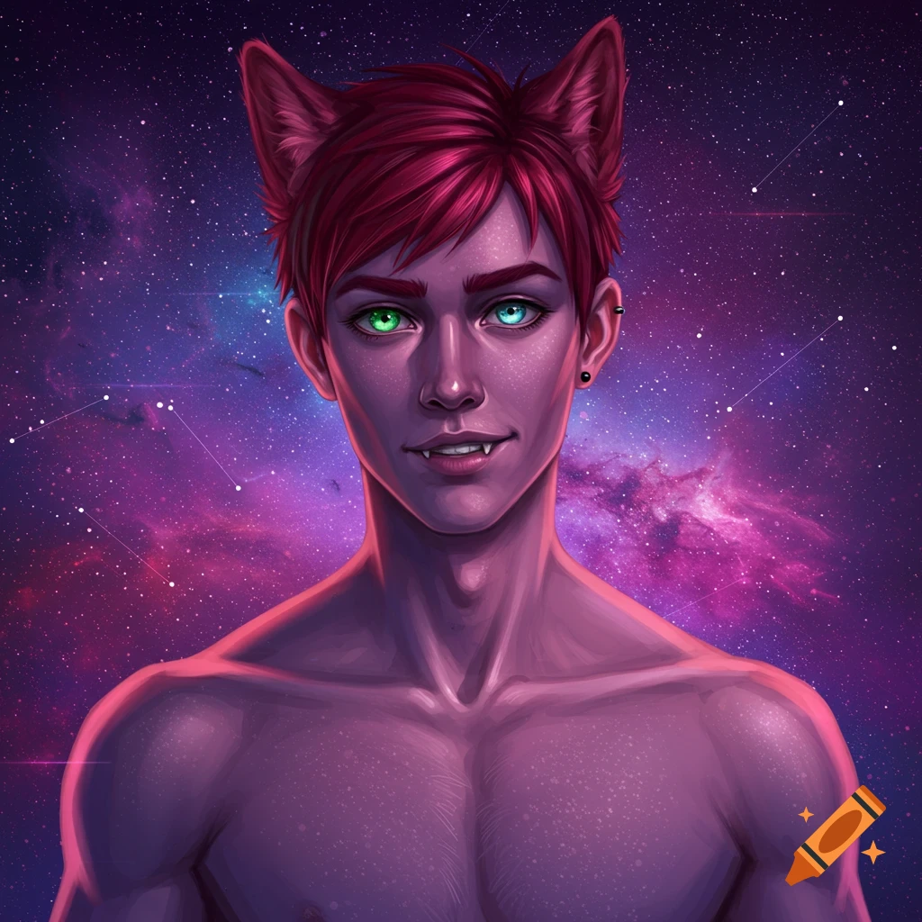 Digital portrait of a fantasy character with cat ears and fangs against a galaxy background.