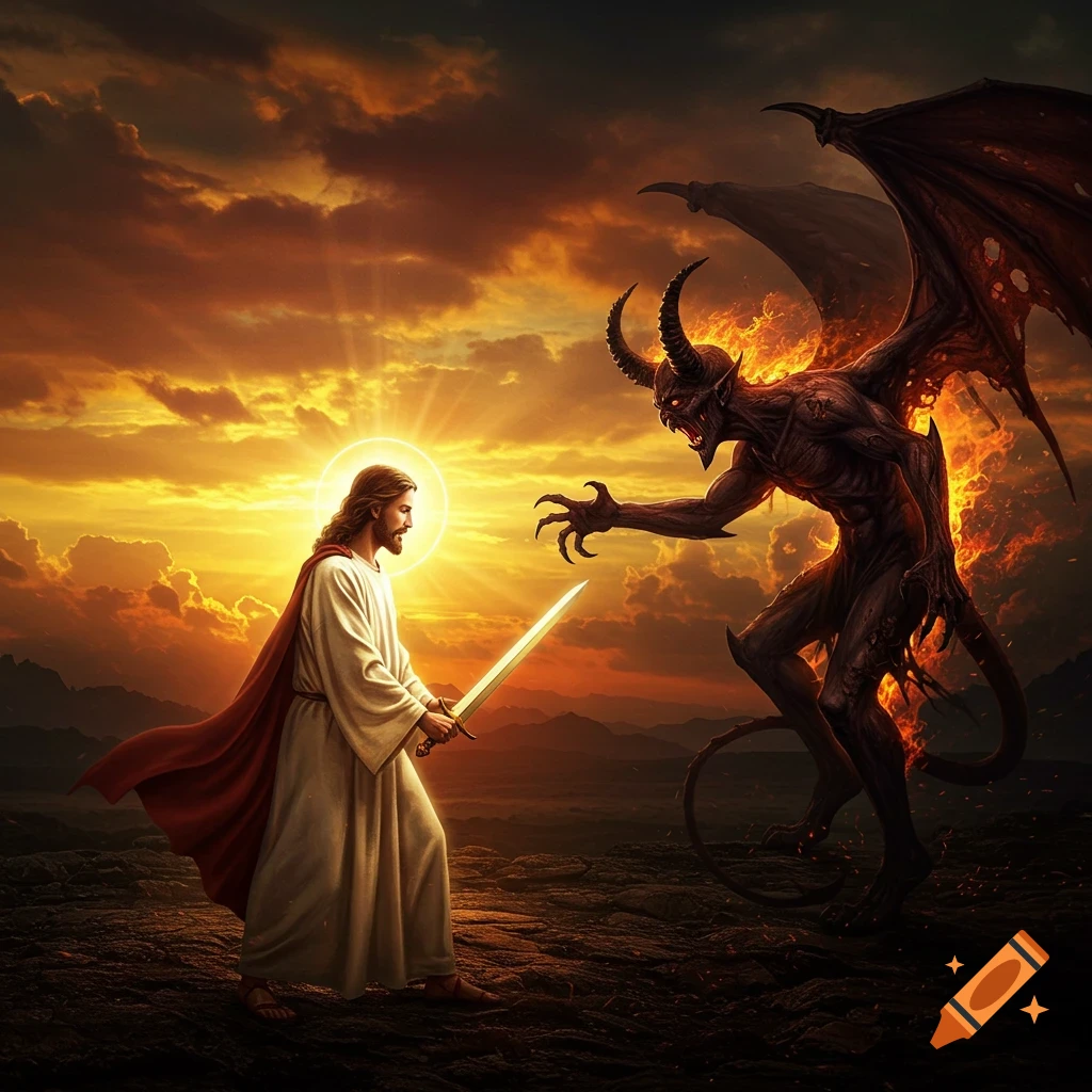 Jesus fighting Satan with a sword under a fiery sunset sky