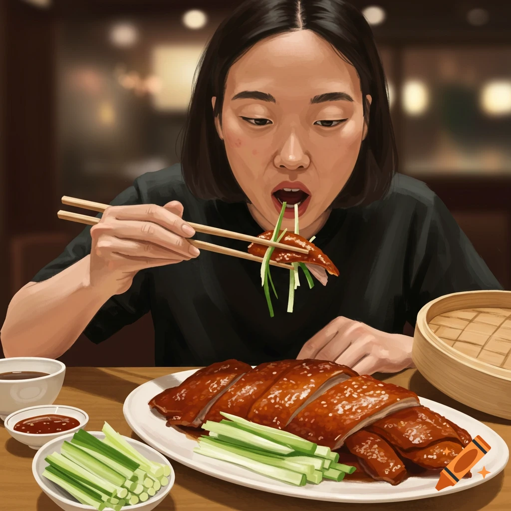 A woman eating Peking duck with chopsticks