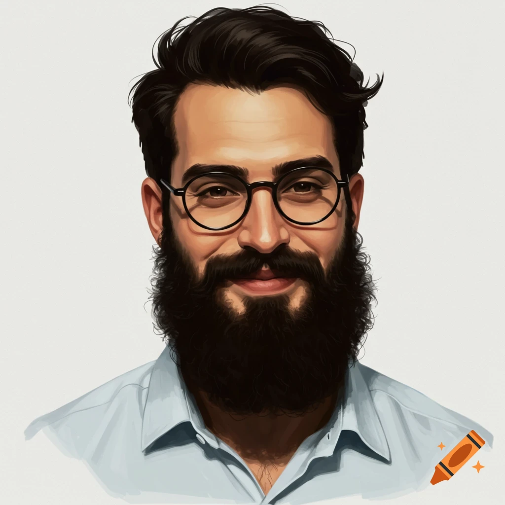 A portrait of a man with a black beard, dark hair, and round glasses, wearing a blue collared shirt.