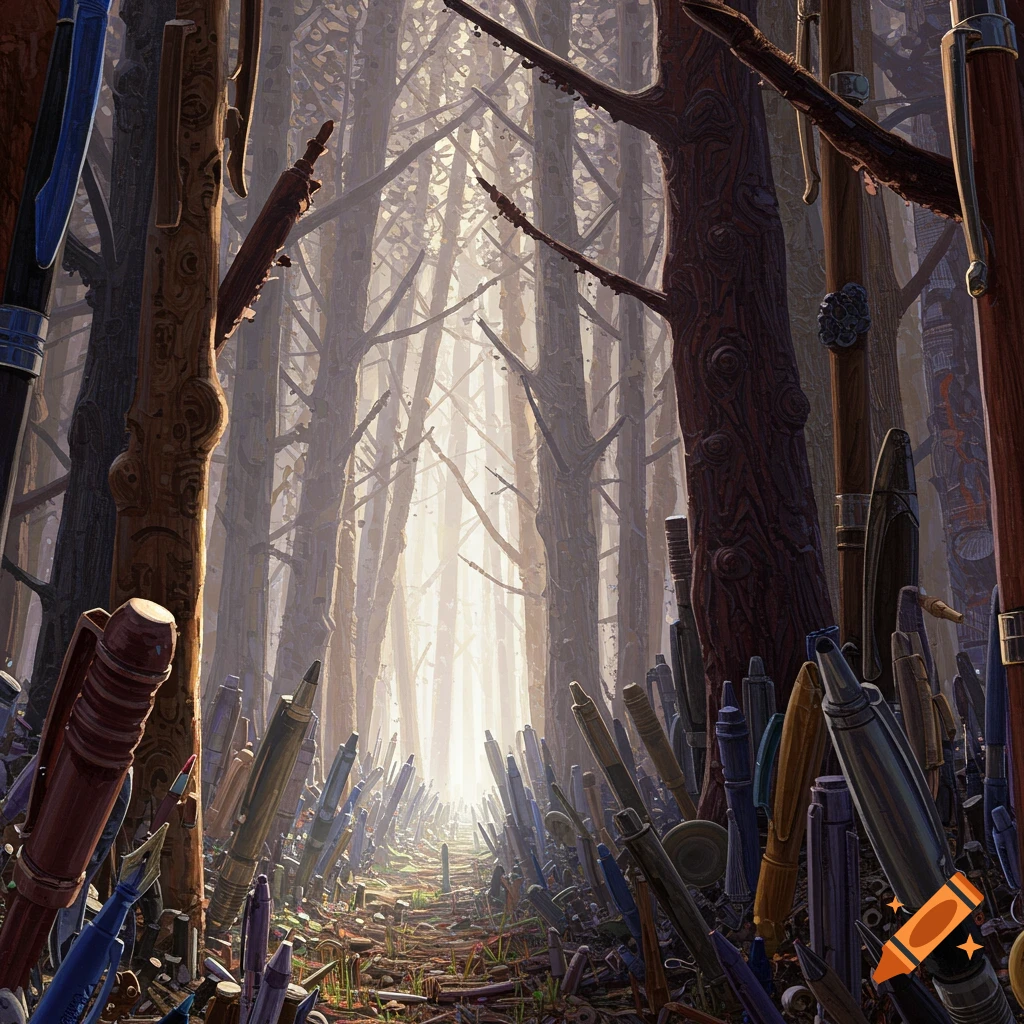 A forest path with trees and ground made of pens, light shining through.
