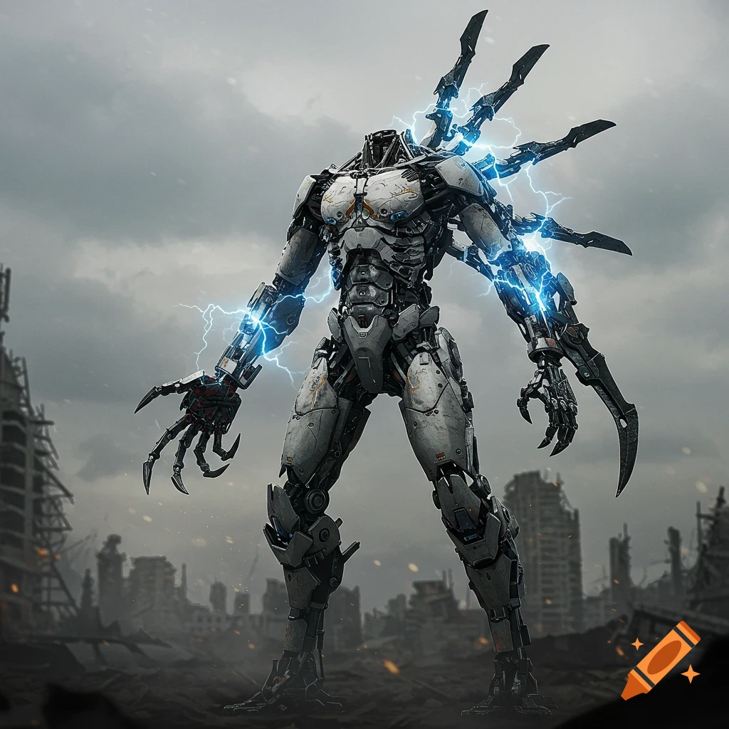 A large, headless mech with clawed hands and electric prongs stands in a ruined city under a cloudy sky.