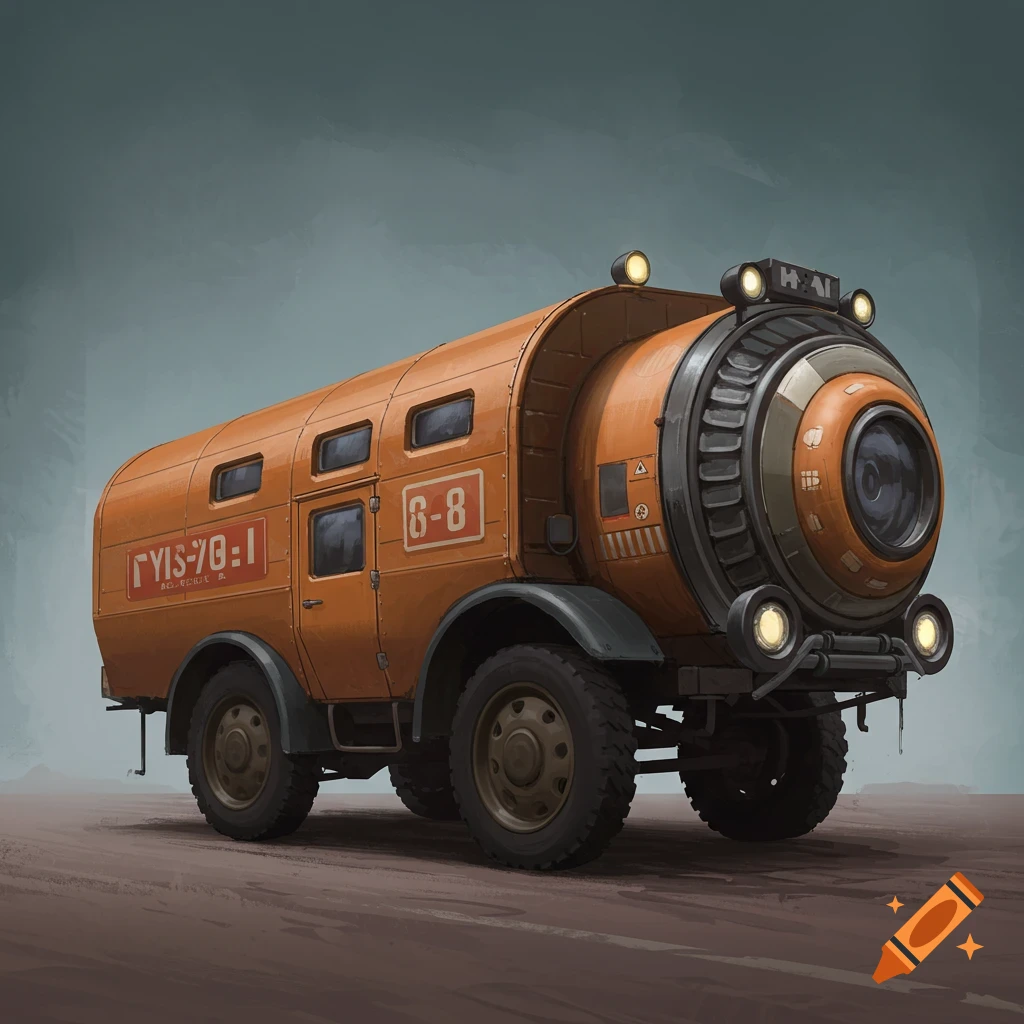 An orange retro-futuristic truck with a large camera lens front.
