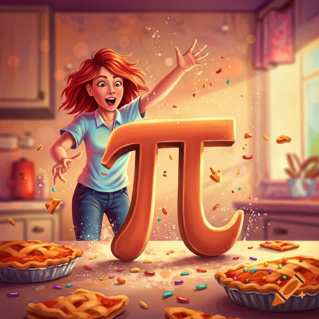 Person reacts excitedly to large pi symbol among pies and sprinkles in a kitchen, digital art