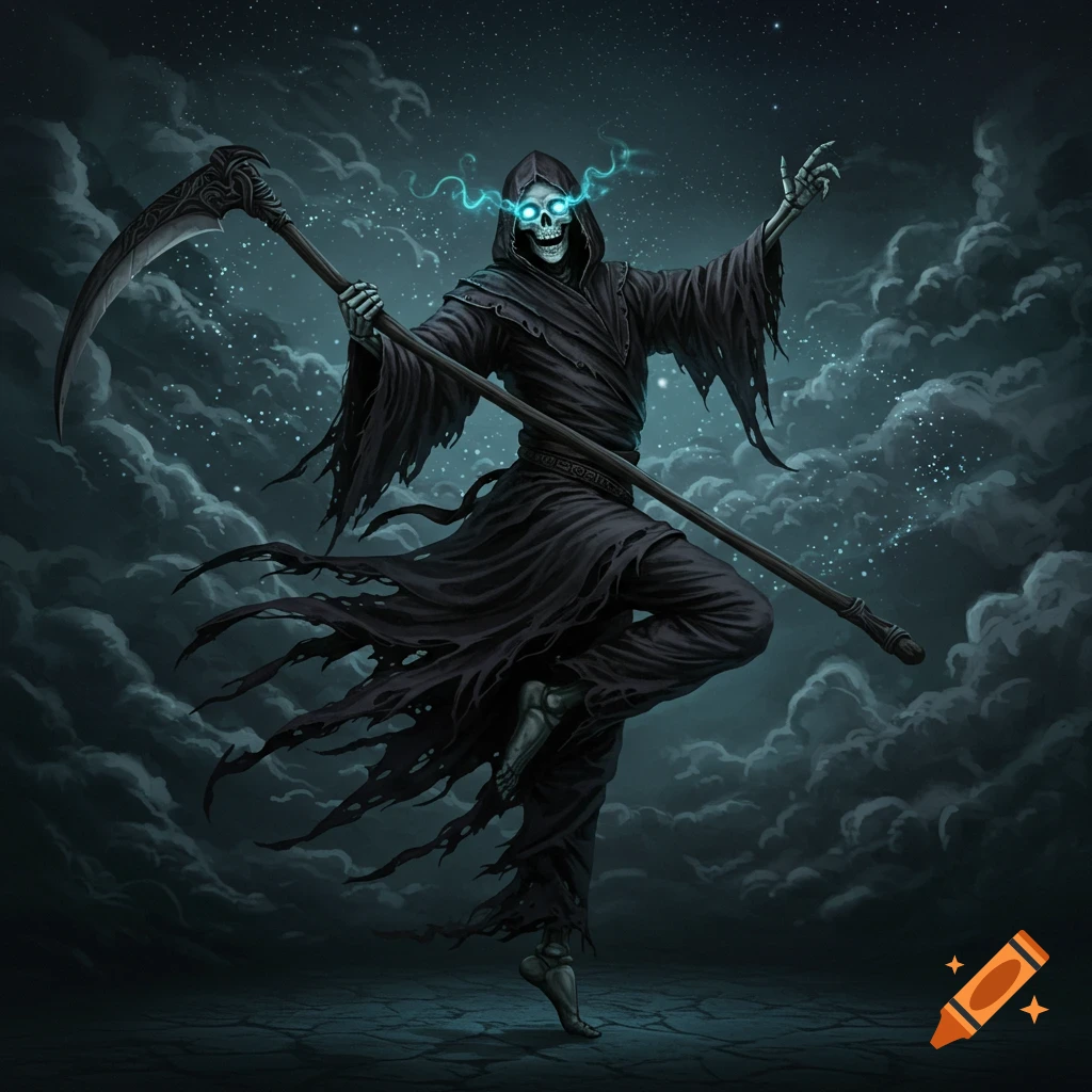 The Grim Reaper dances under a starry sky with clouds.