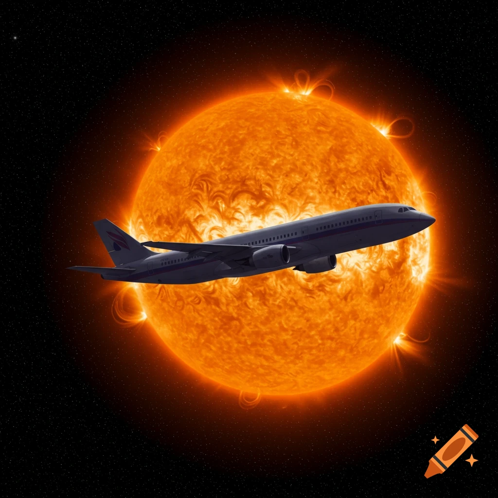 A passenger airplane flying in front of the sun in space.