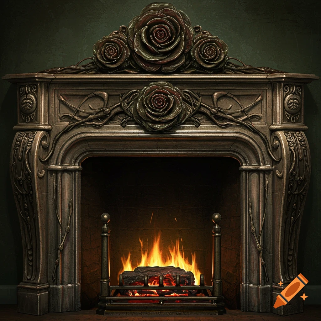 A Gothic-style fireplace mantel cast in bronze, adorned with sculpted roses and vines, with a warm fire burning below.