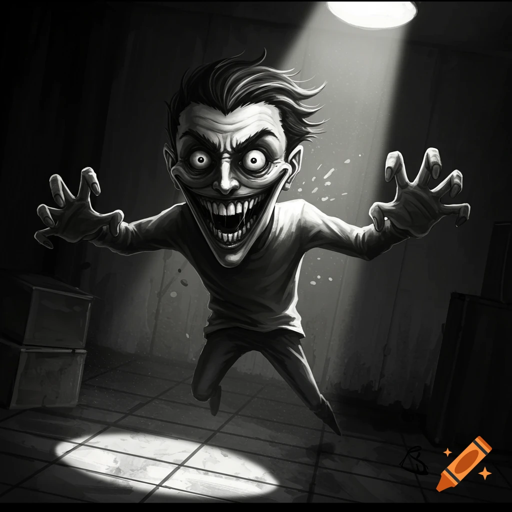 A creepy, cartoonish man with a wide, toothy grin and long fingers reaches out in a dark, spotlighted room. Black and white.