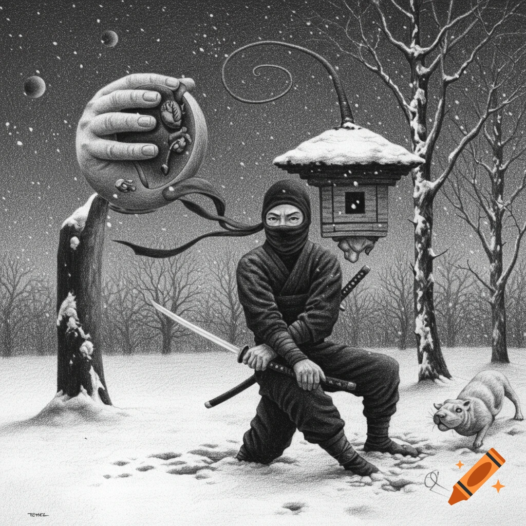 Pencil drawing of a ninja kneeling in snowy surreal landscape with a large floating hand holding a sphere.