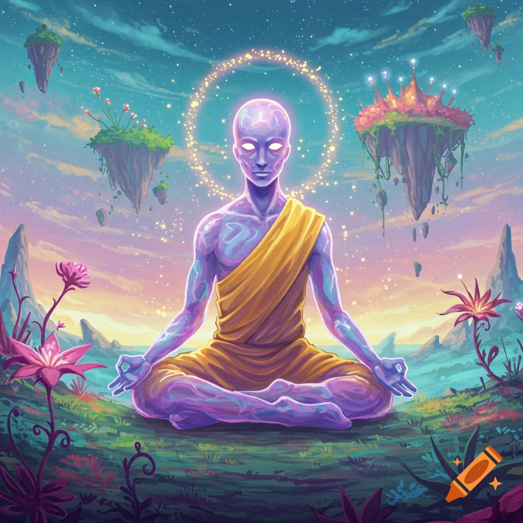 Glowing purple figure meditating in a vibrant fantasy landscape with floating islands and starry sky, digital art.