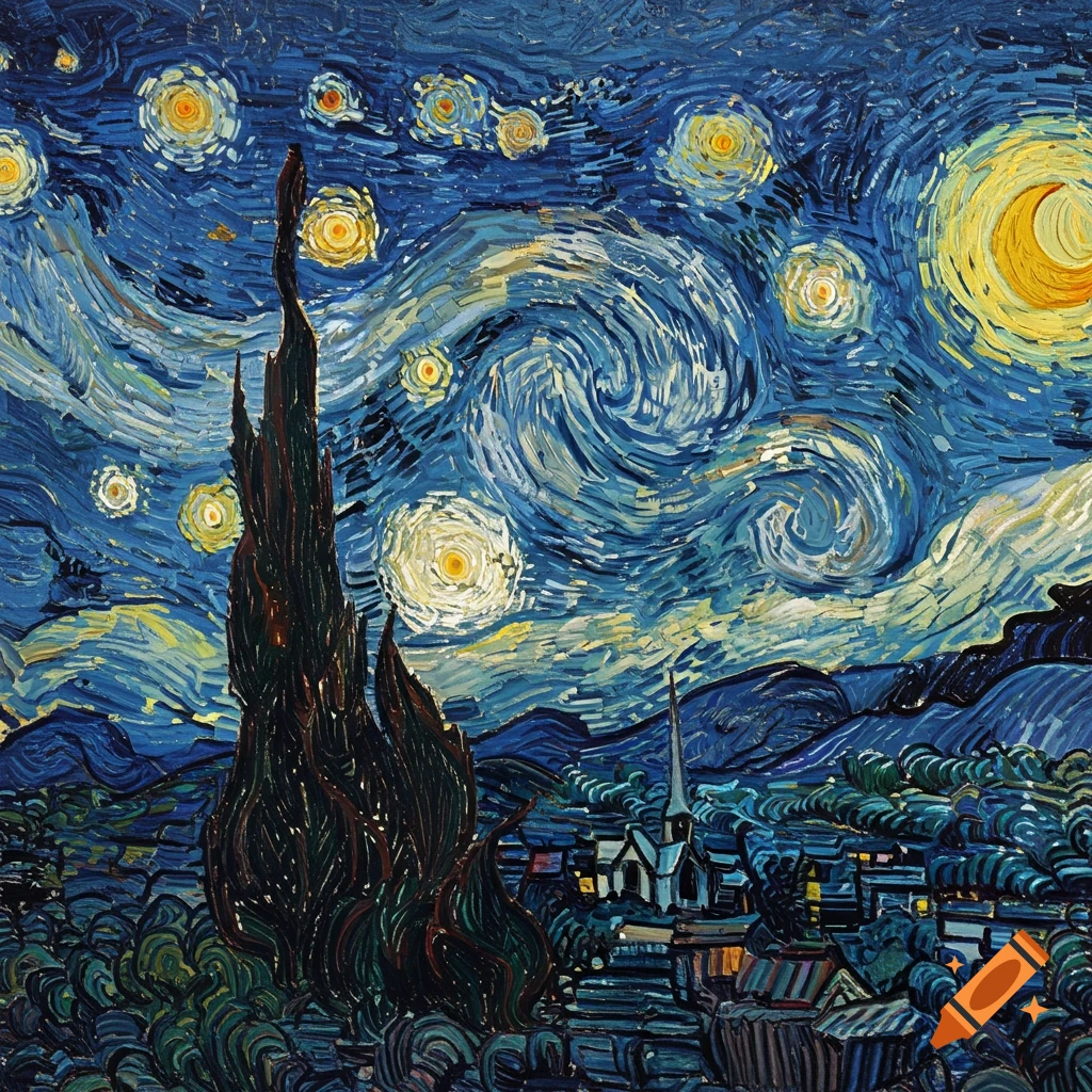A swirling night sky with bright stars, a crescent moon, a tall dark cypress tree, and a village below in the style of Van Gogh's Starry Night.
