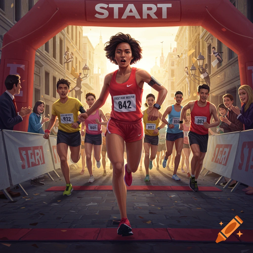 A runner leads a race towards a finish line arch.