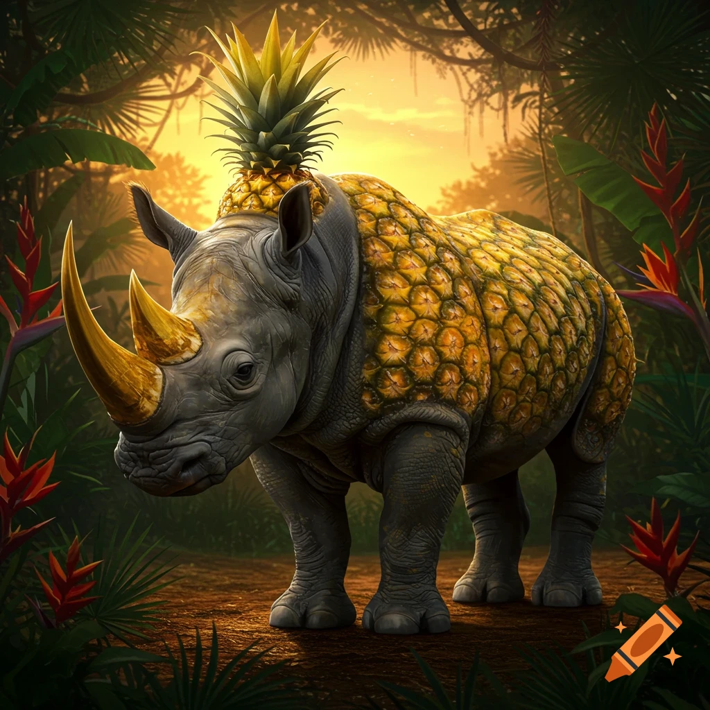 A rhino with pineapple skin and a pineapple on its head is standing in a jungle at sunset.
