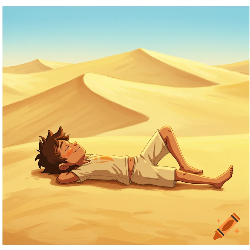 a boy lying relaxed in a sunny desert landscape with sand dunes.
