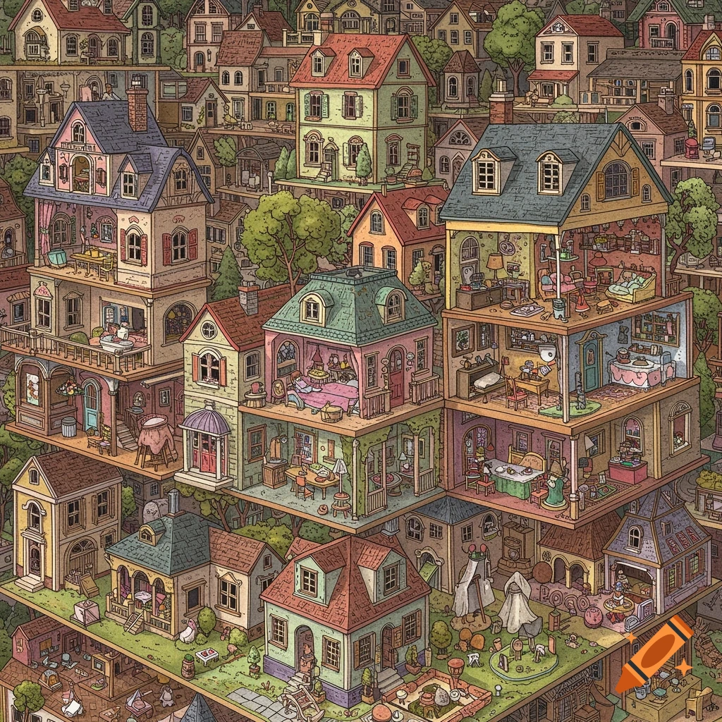 Intricate digital illustration of many detailed dollhouses stacked together.