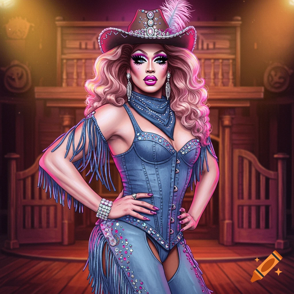 A drag queen in a sparkly denim cowgirl outfit, hat, and pink hair, posing in a saloon.