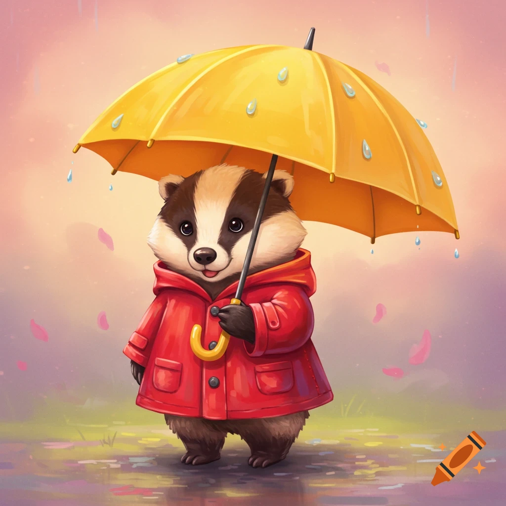 Cute badger in a red raincoat holding a yellow umbrella in the rain.
