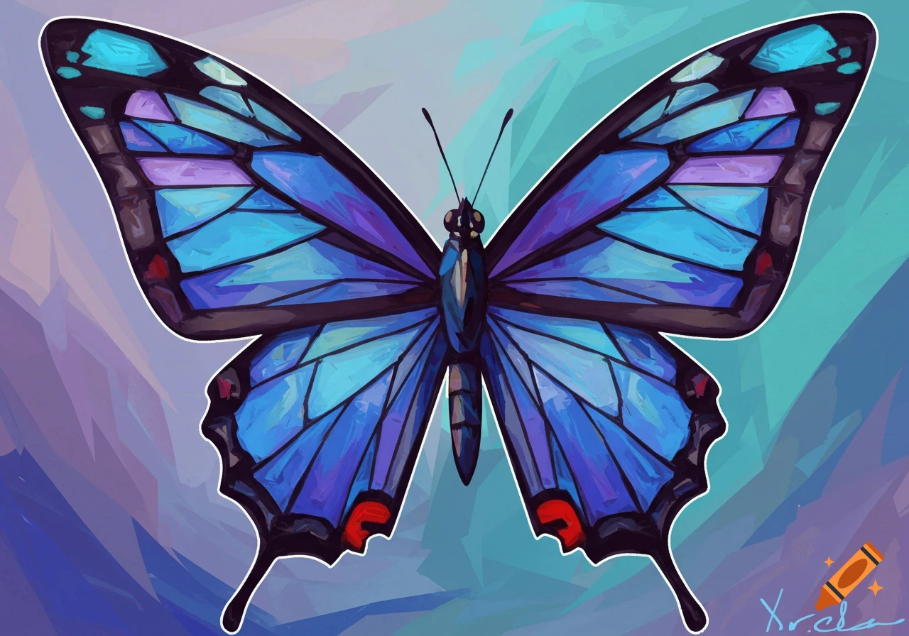 Geometric image of a blue and purple butterfly on an abstract background.