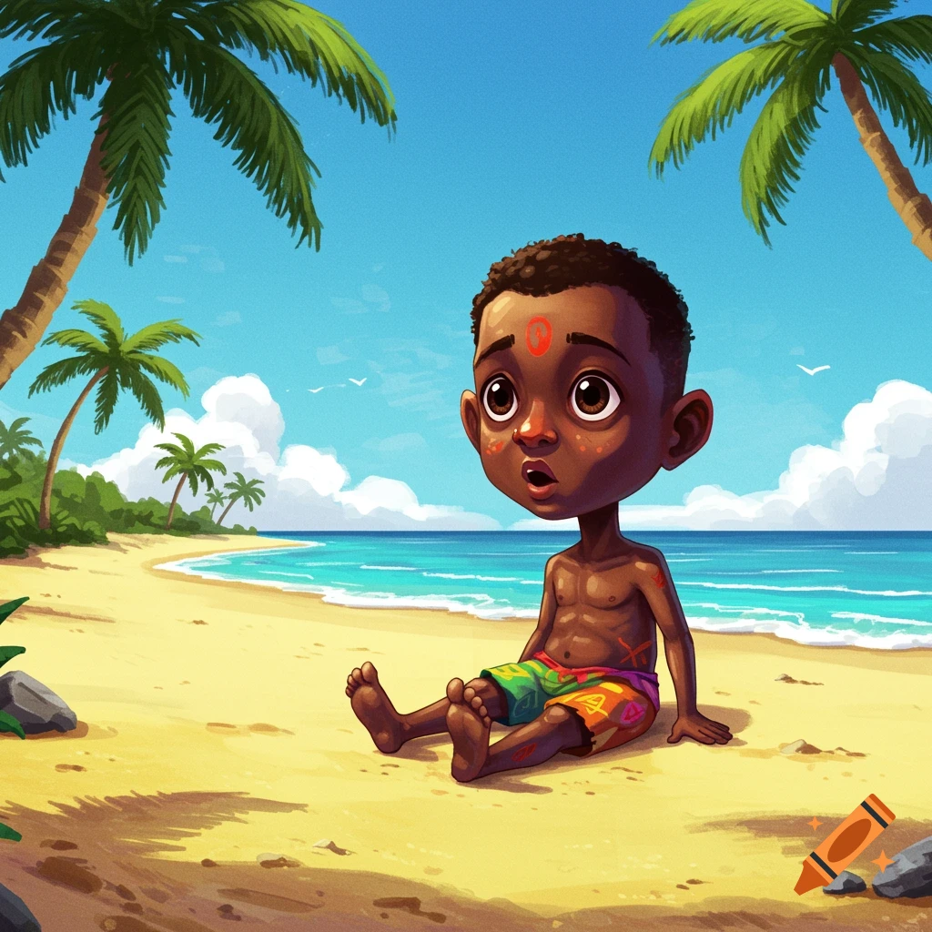 Cartoon boy with dark skin sitting on a sunny beach under palm trees in children's book style.