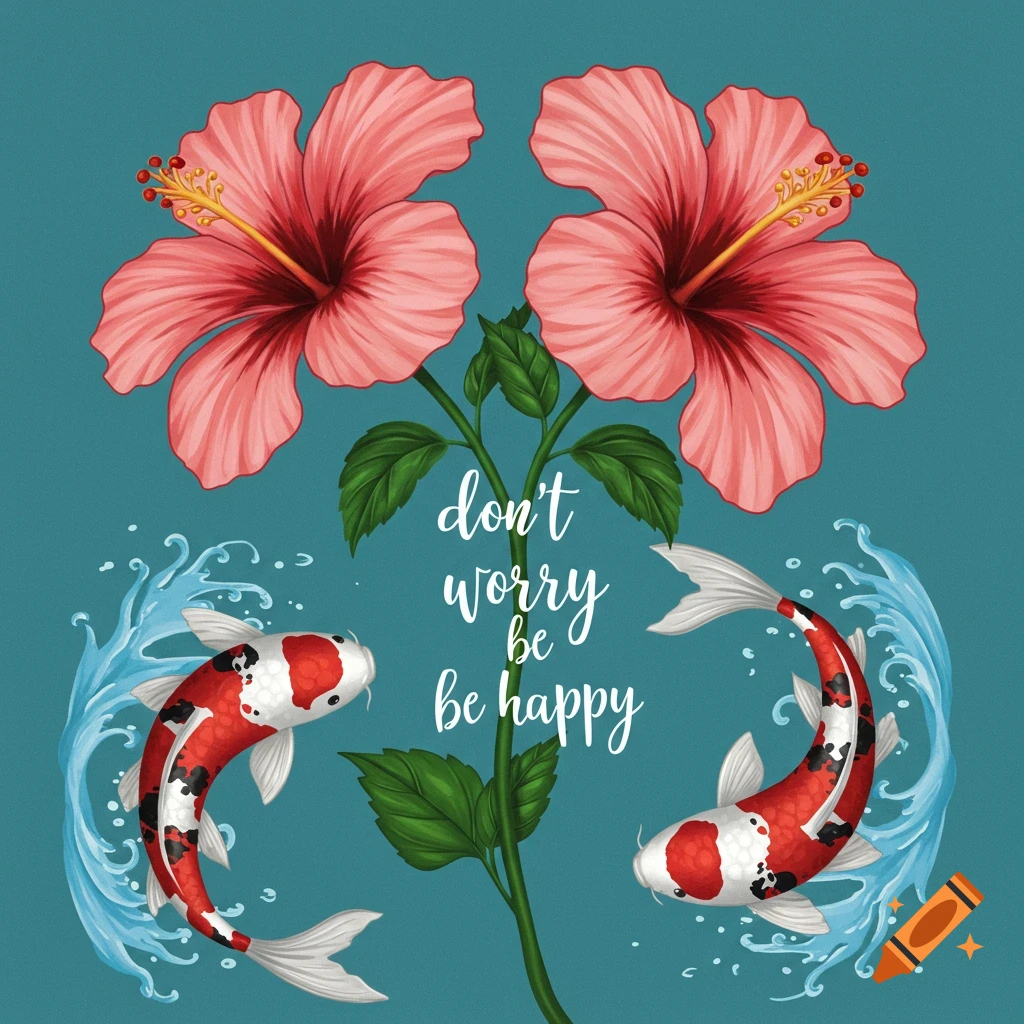 Illustration of two koi fish swimming around a stem that says 'don't worry be happy', with two pink hibiscus flowers.